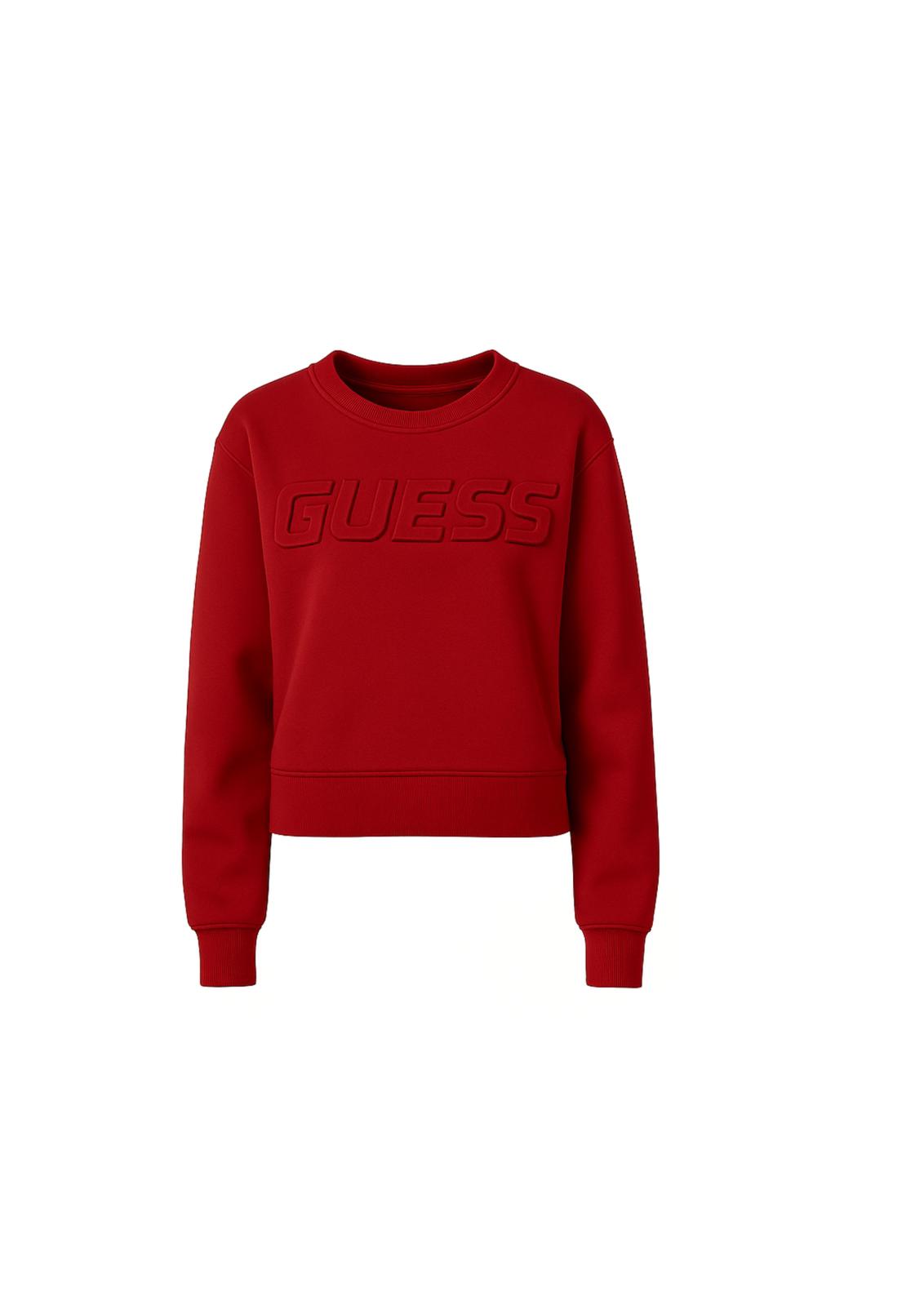Felpa Guess Donna in Cotone Rosso con Logo in Rilievo
