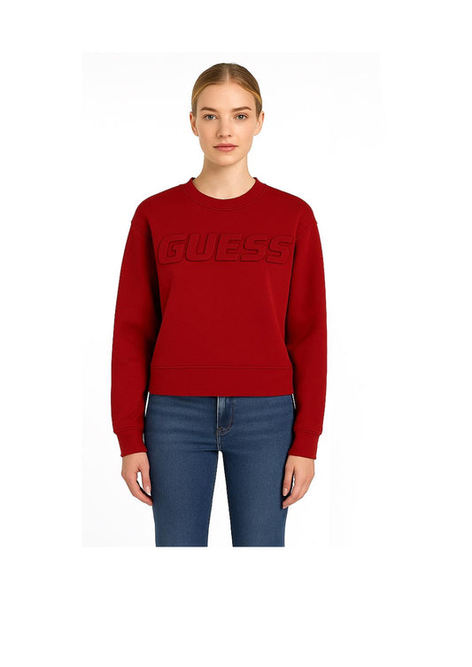 Felpa Guess Donna in Cotone Rosso con Logo in Rilievo