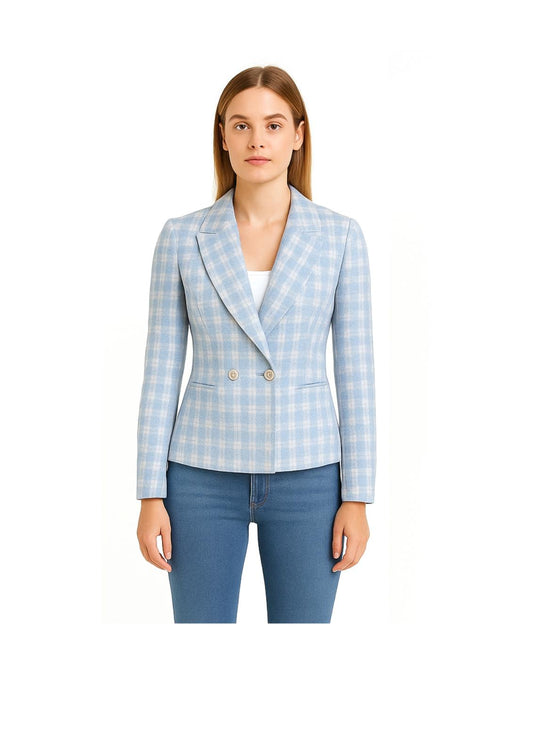 Blazer doppiopetto a quadri azzurro e bianco