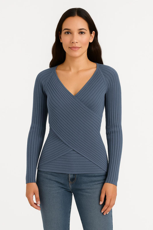 Maglia Guess Donna in Maglia a Coste con Scollo Incrociato