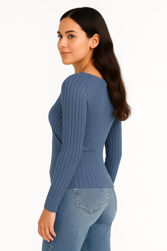 Maglia Guess Donna in Maglia a Coste con Scollo Incrociato
